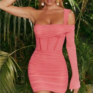 Mesh Asymmetric Off Shoulder Mini Dress in Pink